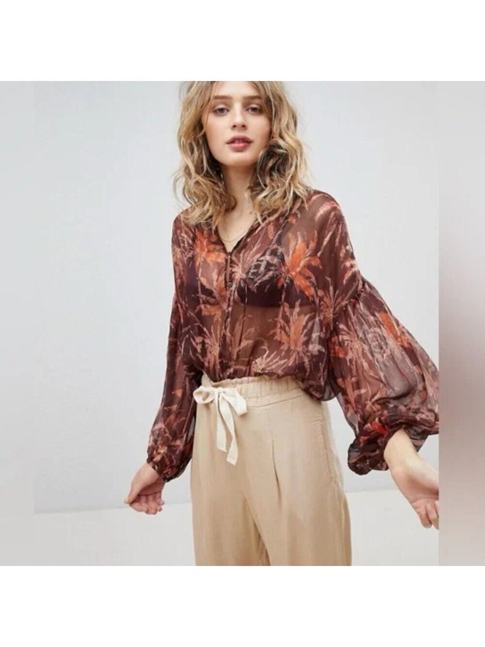 Scotch and Soda Women’s Sheer Brown/Burgundy Metallic Palm Print Blouse Size XS